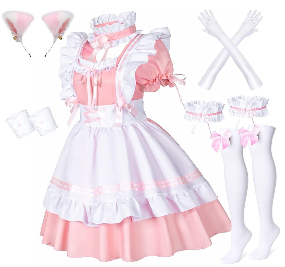 3199 Anime French Maid Apron Lolita Fancy Dress Cosplay Costume Furry Cat